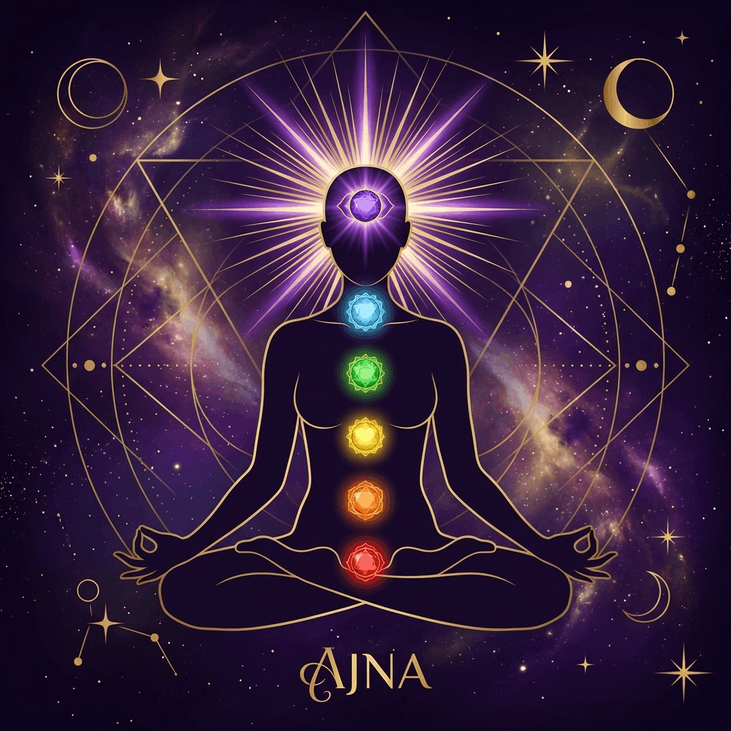 Chakra du Troisième Oeil (Ajna) et Intuition Spirituelle Silhouette de méditation avec les 7 chakras alignés et le troisième oeil activé
