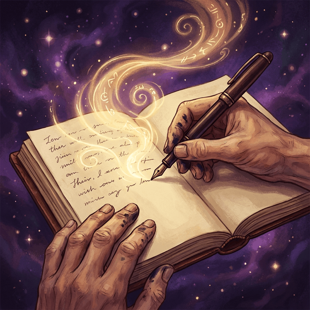 Technique de Journaling Intuitif pour accéder à son subconscient Mains écrivant dans un journal avec lumière dorée émanant des pages