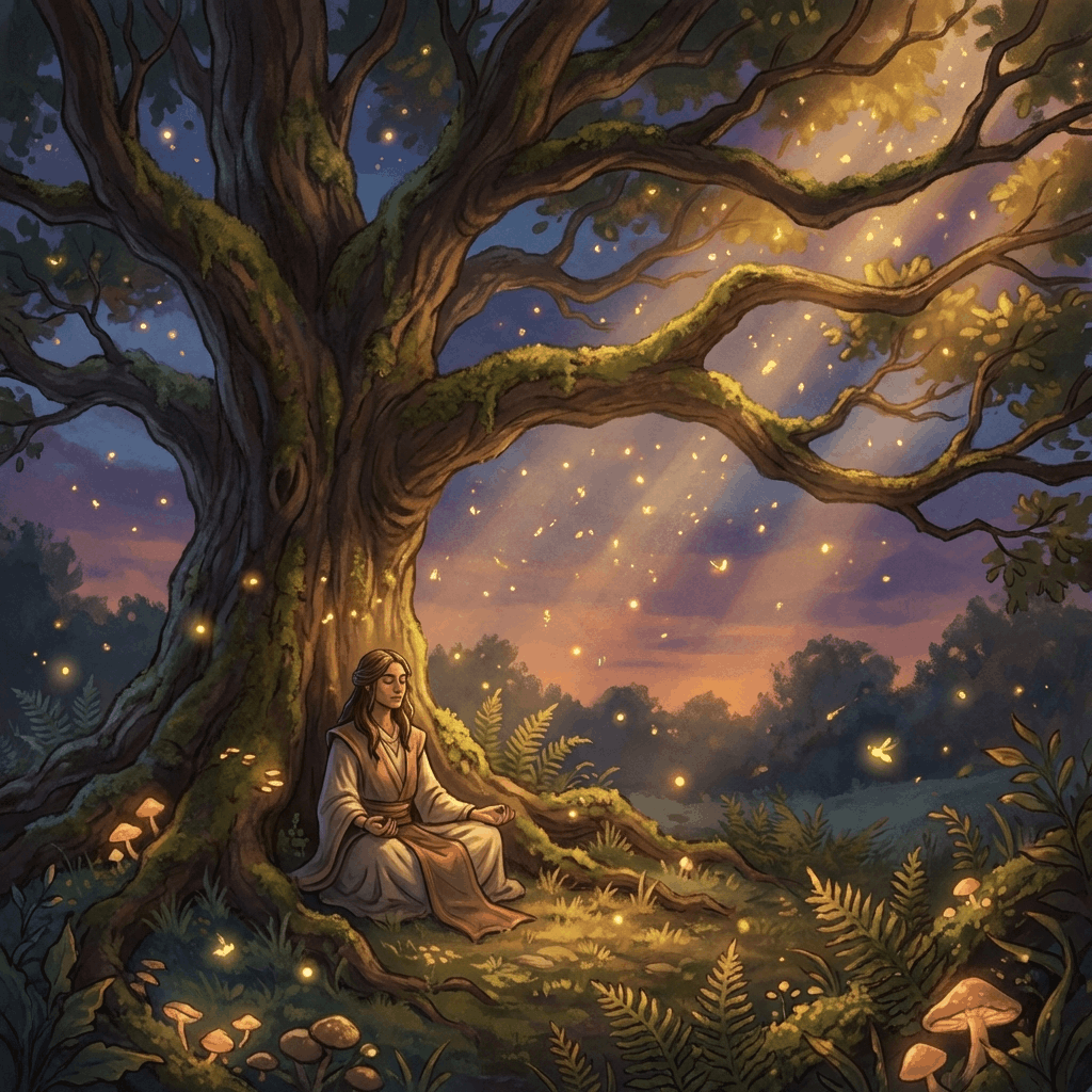 Connexion à la nature pour amplifier son intuition Méditation en forêt sous un arbre ancien avec lumières féériques