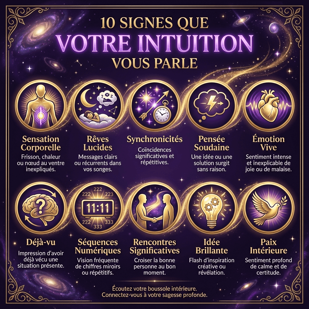 Infographie : Les 10 signes inmanquables de l'intuition Infographie 10 signes que votre intuition vous parle : frissons, rêves, synchronicités...