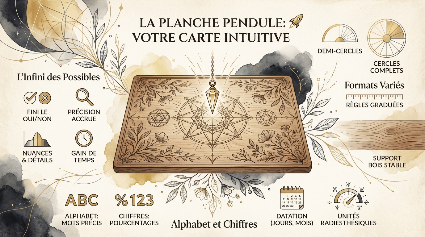 Une planche pendule en français gravée en bois avec un cadran de radiesthésie