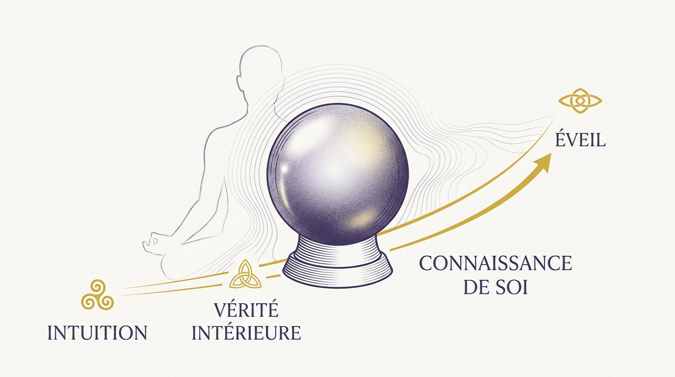 Femme en méditation devant une boule de cristal pour éveiller son intuition et sa connaissance de soi